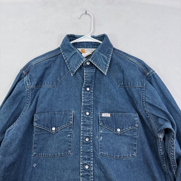 Vintage Carhartt Denim Shirt MensL Blue Western Workwear Pearl Snap Flap Pocket - Picture 2 of 12